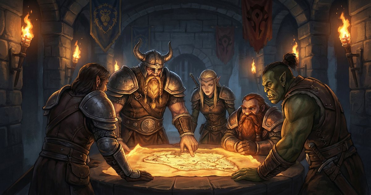 Fantasy warriors gathered around a tactical map before a raid
