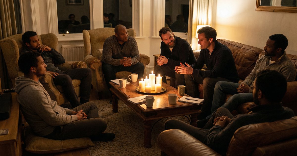 Men sitting in an intimate circle with warm candlelight