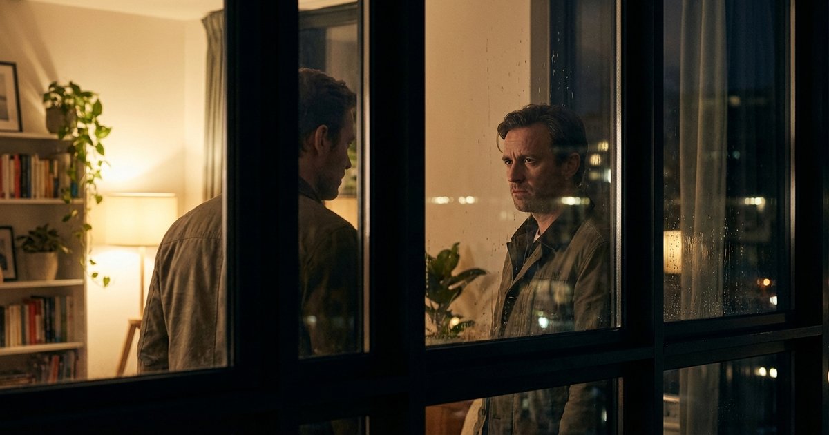 Man looking at his reflection in a dark window at night