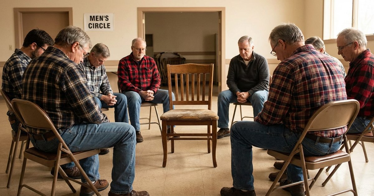 Empty chair in a circle of occupied chairs, suggesting a men's support group