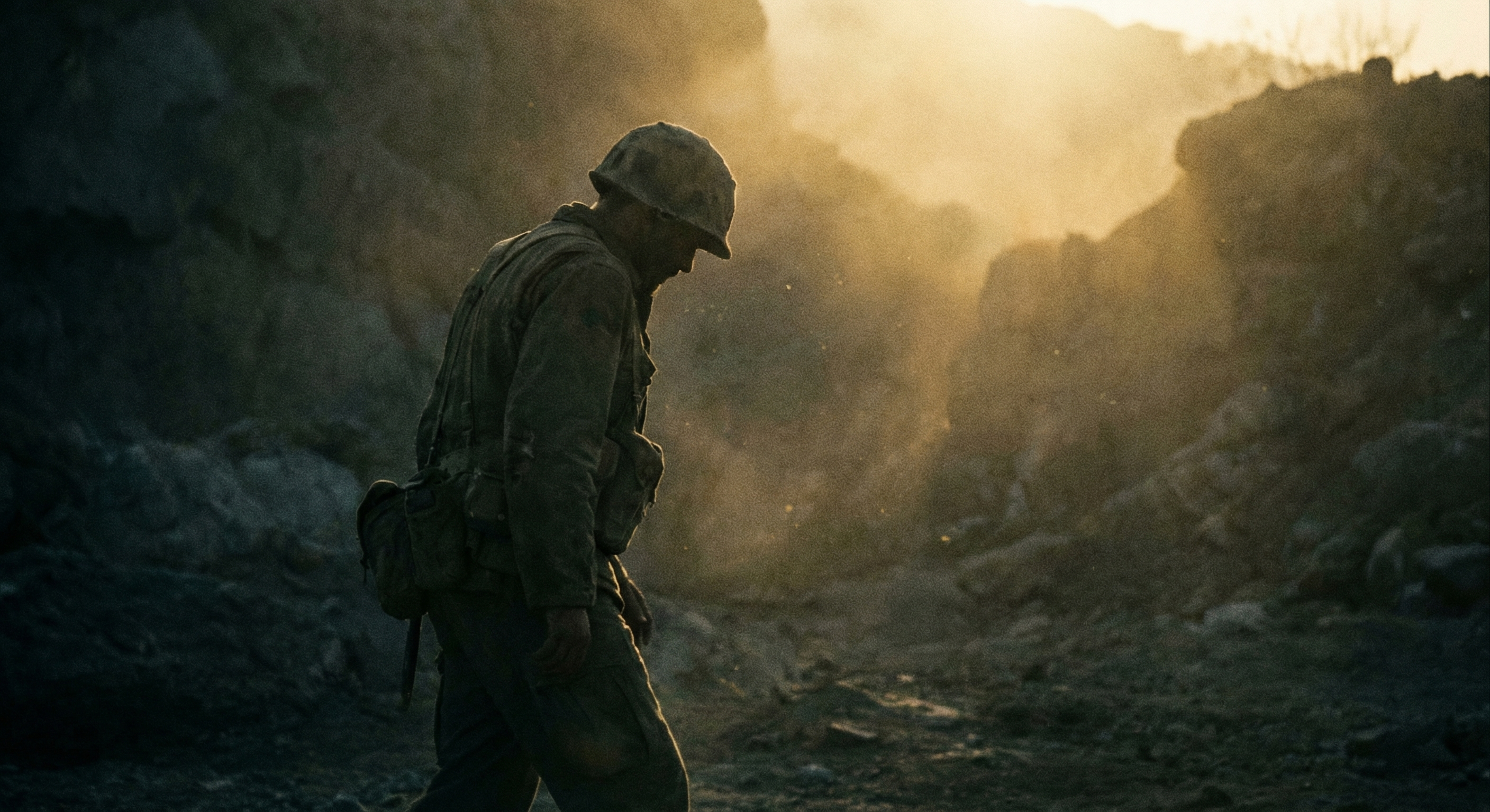 Soldier silhouette transitioning from darkness to light, symbolizing healing journey