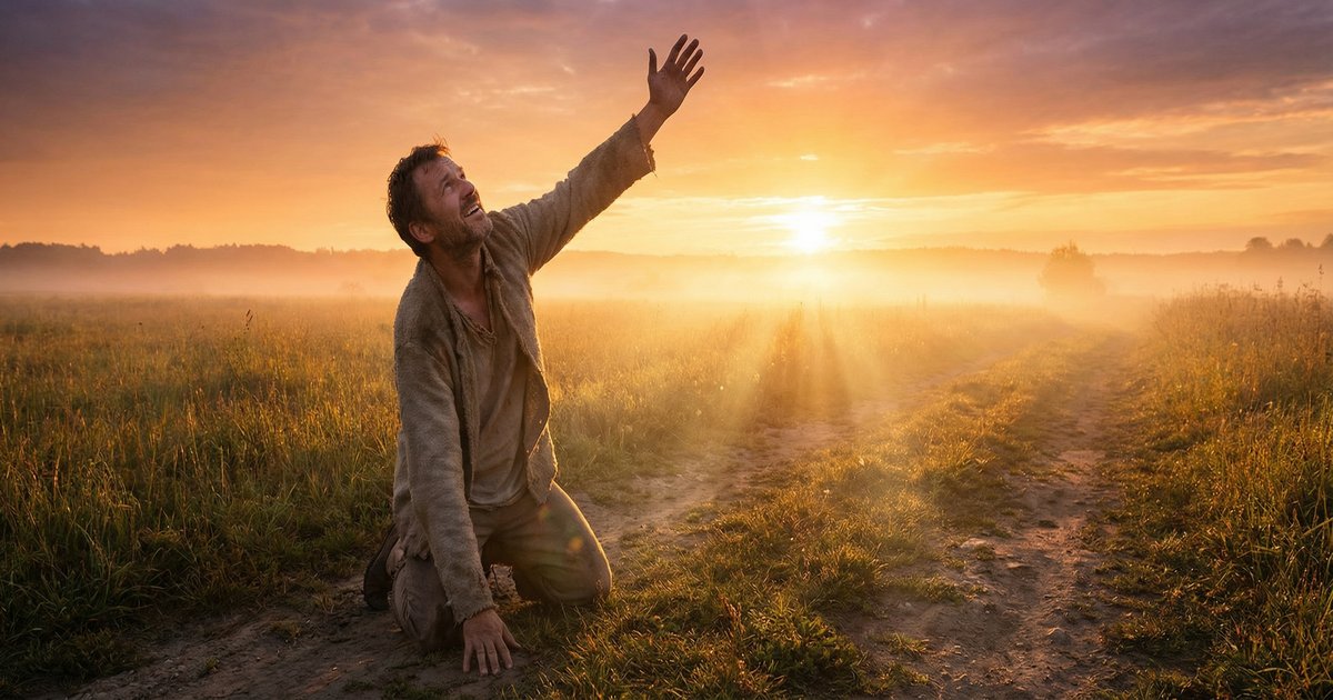Man kneeling at dawn in gratitude after moving through a reactivation experience