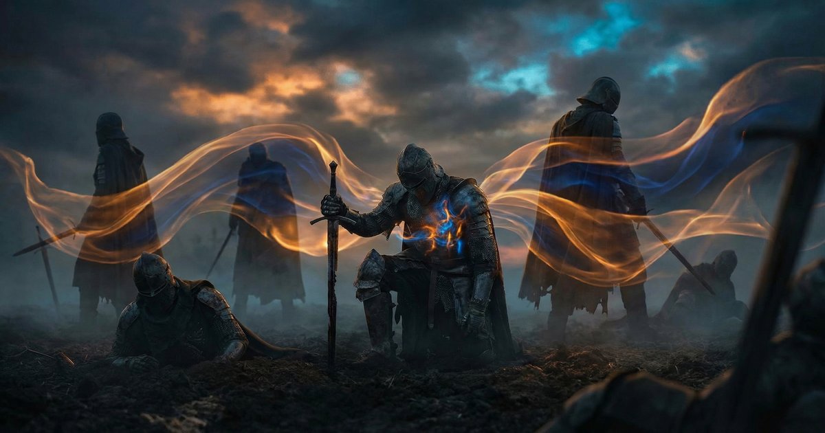 Fallen warriors rising from a battlefield with phoenix-like energy