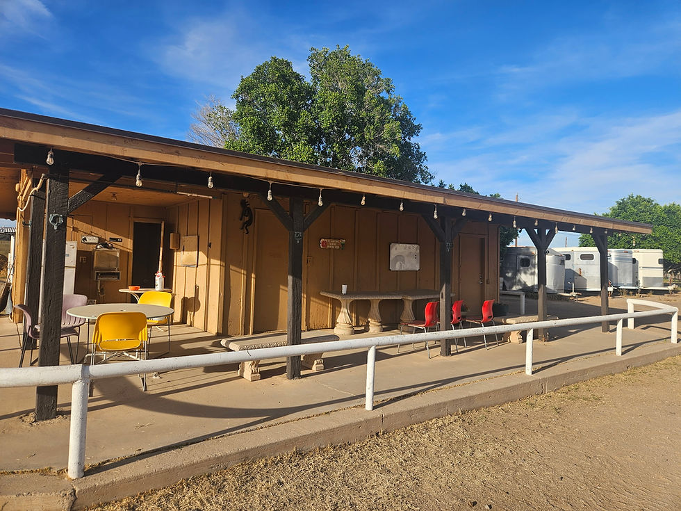 Outdoor lounge at a horse boarding facility with seating.