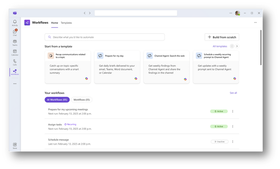 Screenshot depicting AI Workflows within Microsoft Teams.