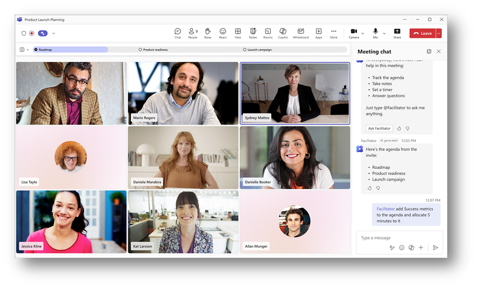 Screenshot depicting the use of the Facilitator Microsoft 365 Copilot Agent within a Microsoft Teams meeting.
