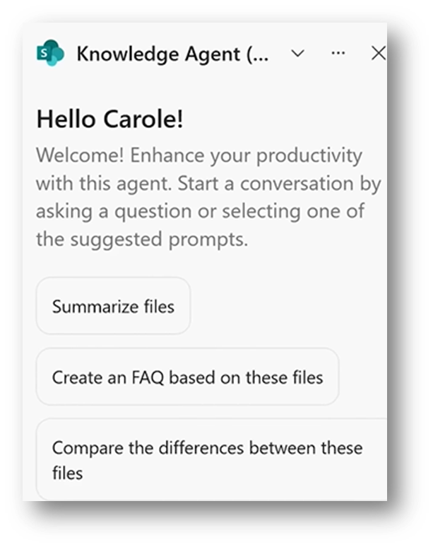 Screenshot depicting the Microsoft 365 Copilot Knowledge Agent within SharePoint Online.