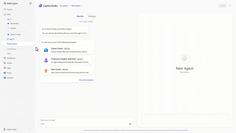 Gif / Animated Image illustrating Copilot Studio Lite in action - from prompt to agent creation.