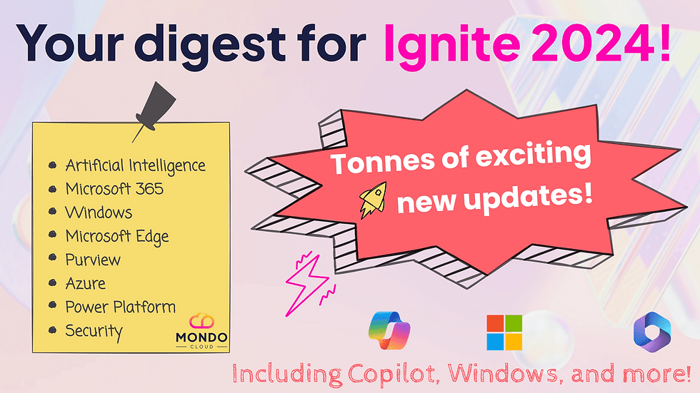 Blog post graphic, illustrating new Microsoft feature announcements from the Microsoft Ignite 2024 conference.