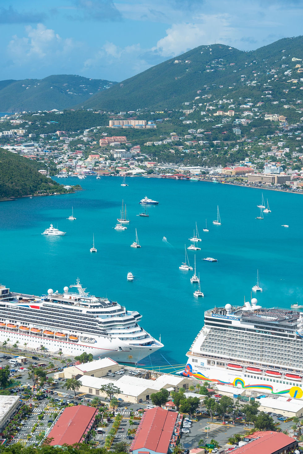 Cruise ships docked in the turquoise harbour at Charlotte Amalie, St Thomas, US Virgin Islands – a classic Caribbean cruise port of call