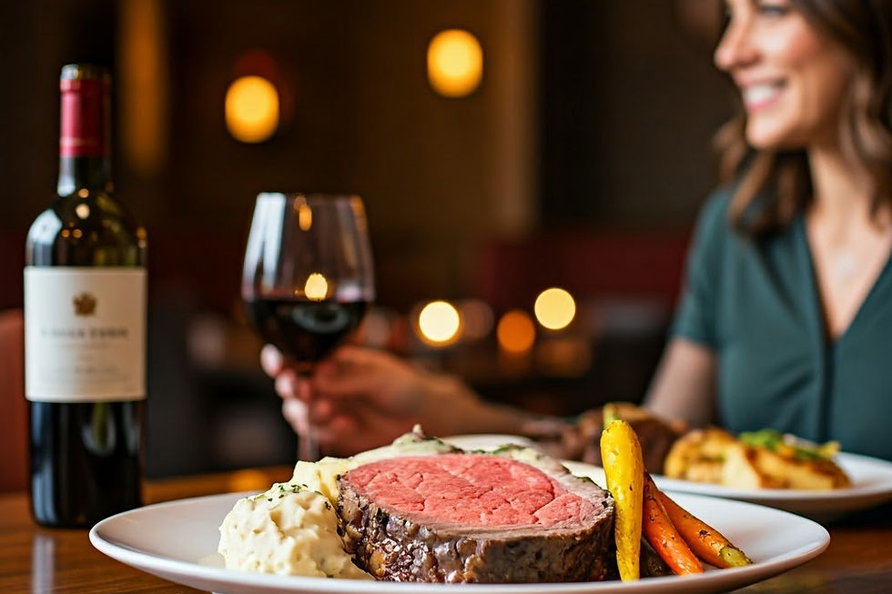 A woman tasting with wine and roast