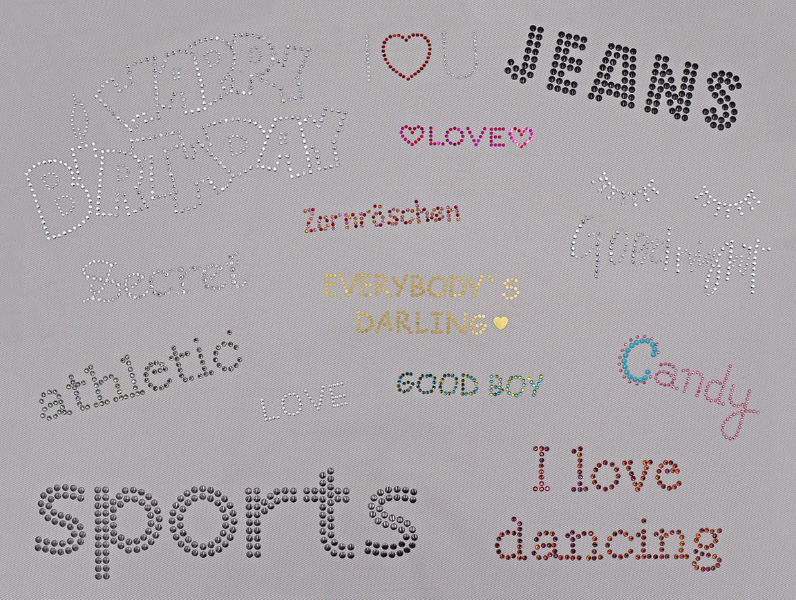 Schriften, Schriftzug, Strassmotive, Bügelmotive, zum Aufbügeln, Rhinestonemotif, Glitzer, Strass, glitzernd