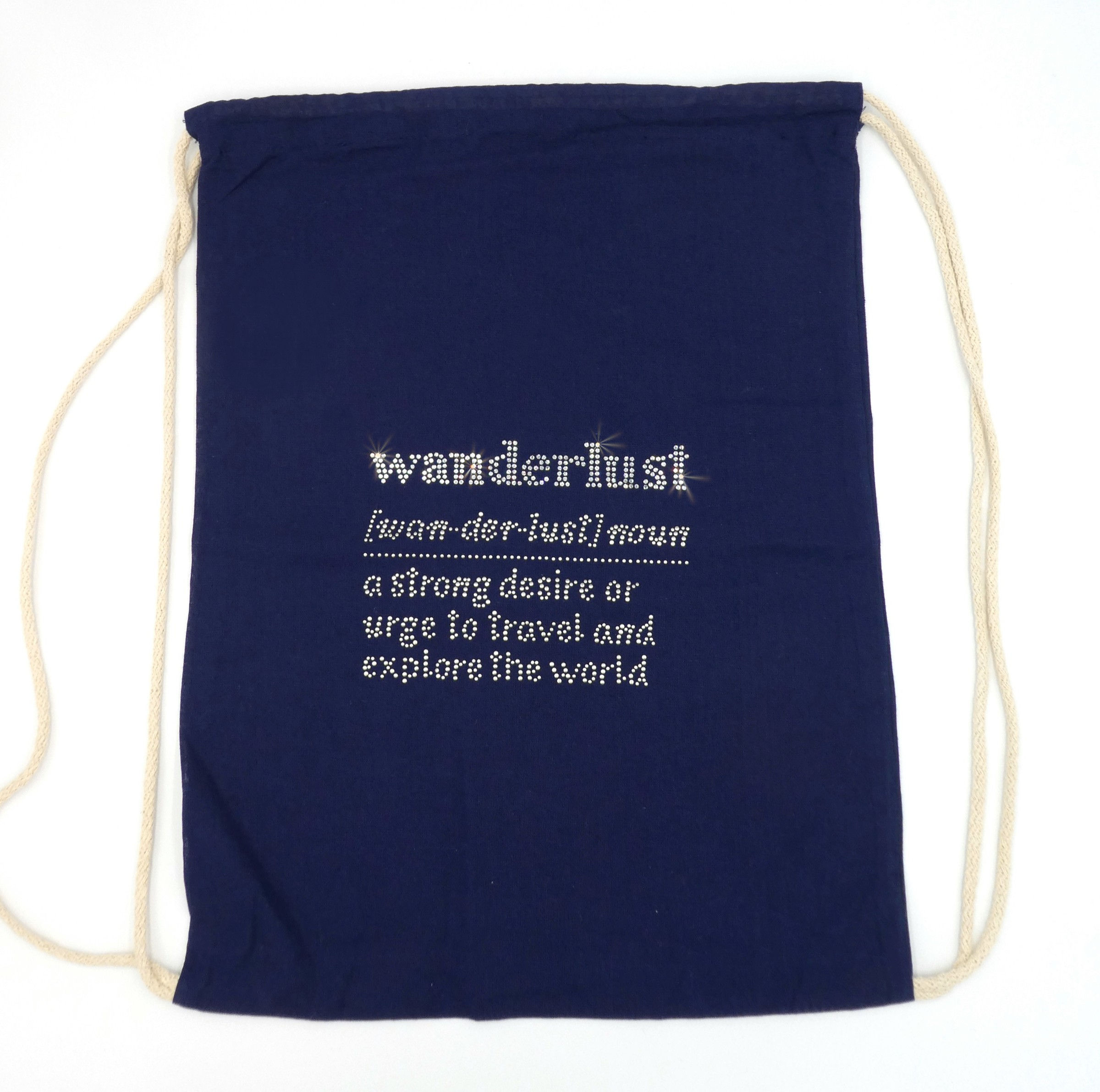 Gymbag, Rucksack, Baumwolle, Wanderlust, Premium, veredelt, Kristallsteine, Strasssteine, Kristalle, Rhinestones, glitzernd