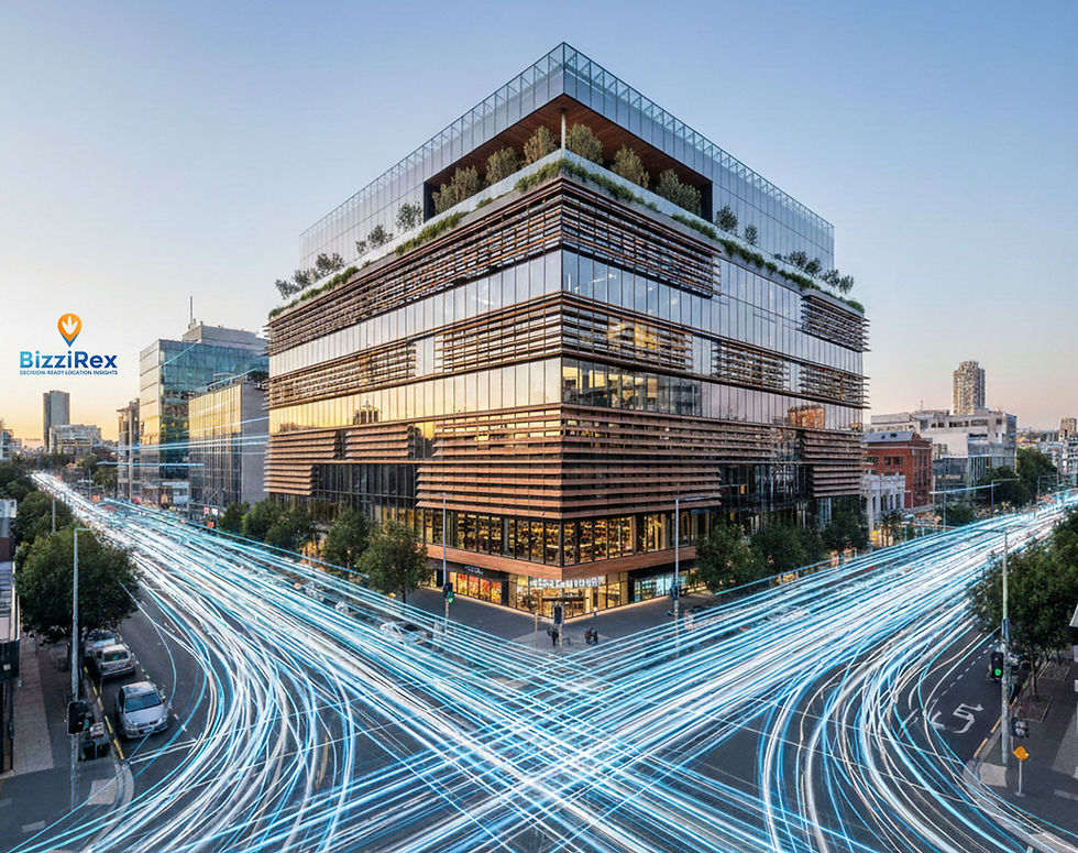 Modern glass building at a busy intersection with high foot traffic. The image shows how foot traffica data can be converted into valuable insights that convert to commercial growth and/or return of investiment