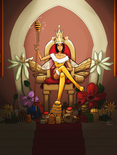 This image is of a woman dressed as a queen bee sitting on a throne, holding a sceptre that looks like a honey scoop, surrounded by flowers and bee- and honey-related paraphernalia. There are two banners on either side of her, each depicting a honeycomb hexagon, and a set of steps leads to where she sits.