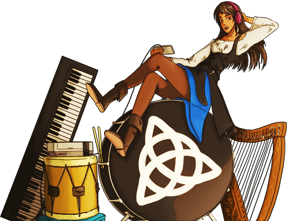 A drawing of an anime version of myself wearing my sort-of Renaissance Faire garb while seated on a bass drum, surrounded by other instruments (a harp, a keyboard, and a second drum). There is also a Nintendo Entertainment System in the drawing, which my persona is shown playing here.