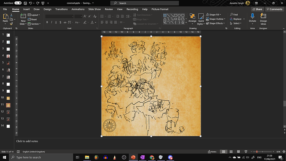 Another PowerPoint screenshot. Unlike the one before, the compass rose is now small and on the bottom left corner. There are very sketchy details of landmarks that I'd planned to add in this map, that I scrawled on with black ink, again using PowerPoint's Draw function.