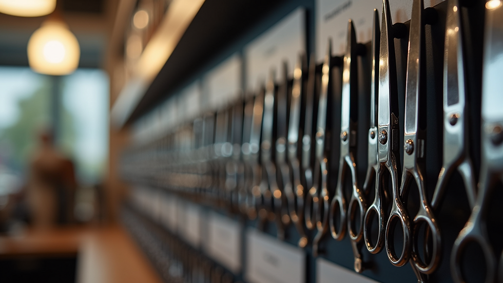 Eye-level view of a display rack with various Japanese hairstyling scissors