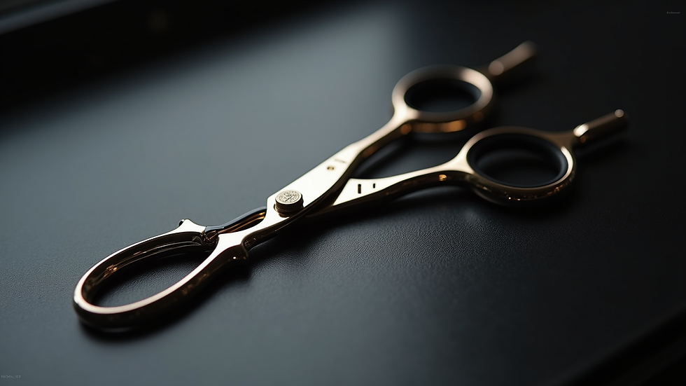 High angle view of premium Japanese hairdressing scissors on a black surface