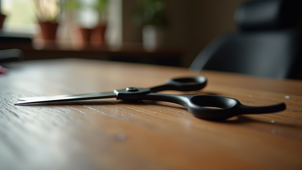 Close-up view of professional hair cutting scissors on a wooden surface