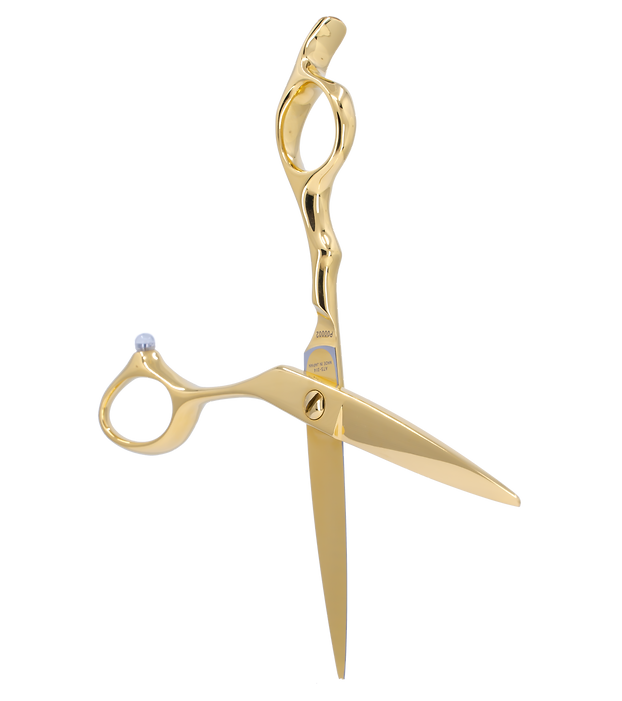 22 Karat gold plated hair cutting scissors with a 55 degree angel with double arrows and a serial number and steel type engraving on the scissors
