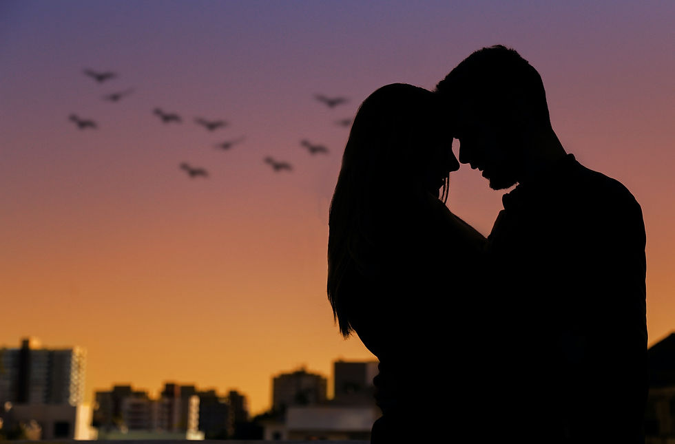 Couple in shadow with purple orange skyline in background