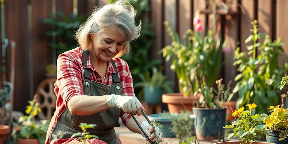 Create an image for background with a lady doing garden in a backyard  with different kind