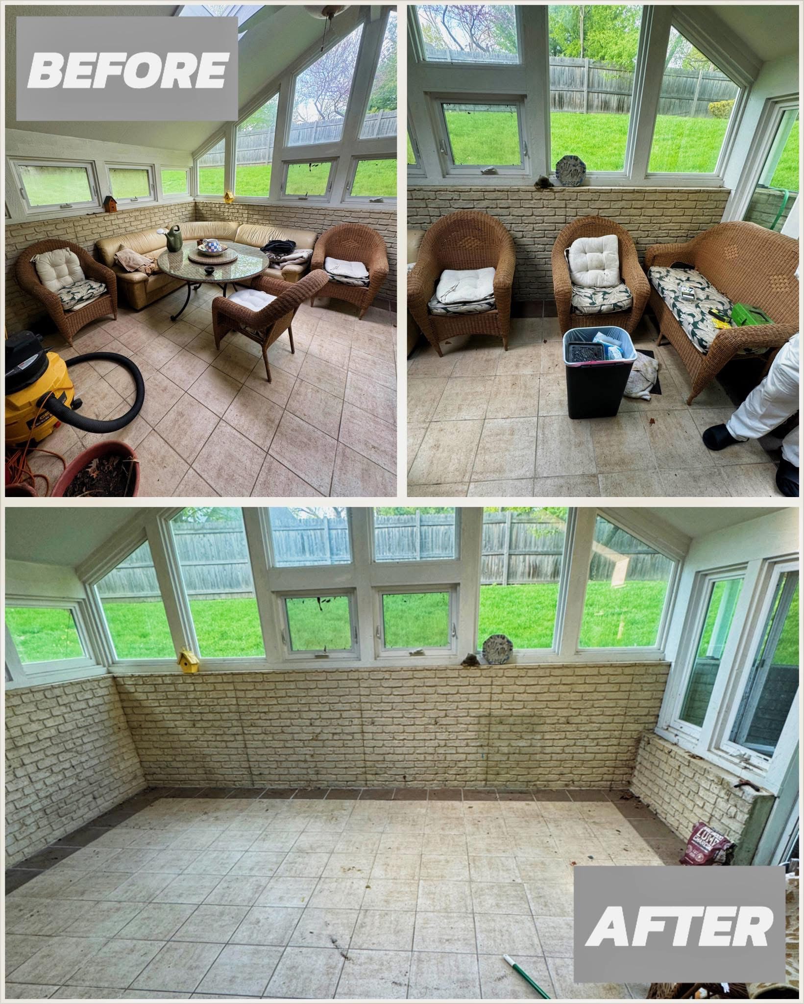 Before and After images of a sunroom furniture removal, with visible text.