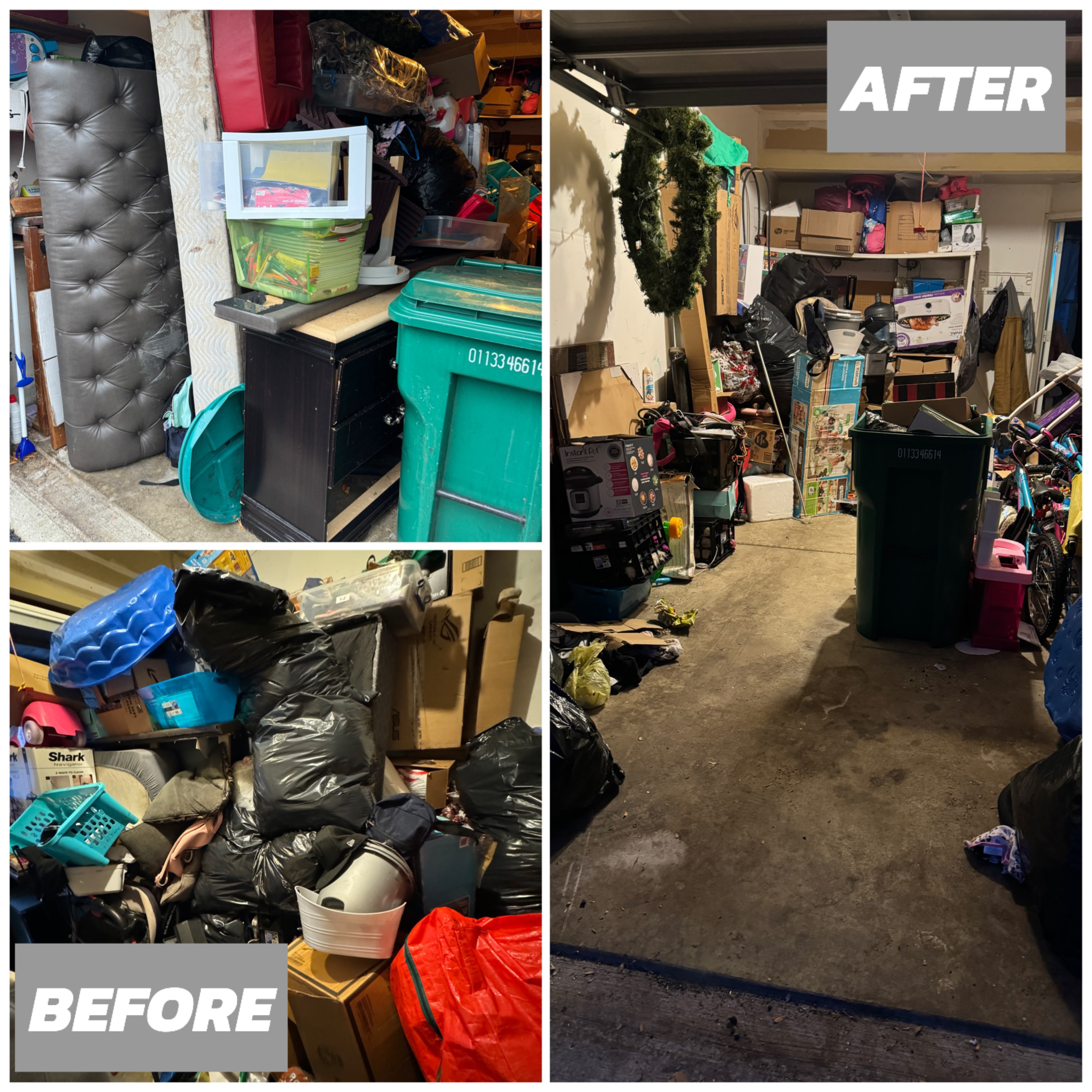 Before and after photos of a cluttered space with junk and dump services.