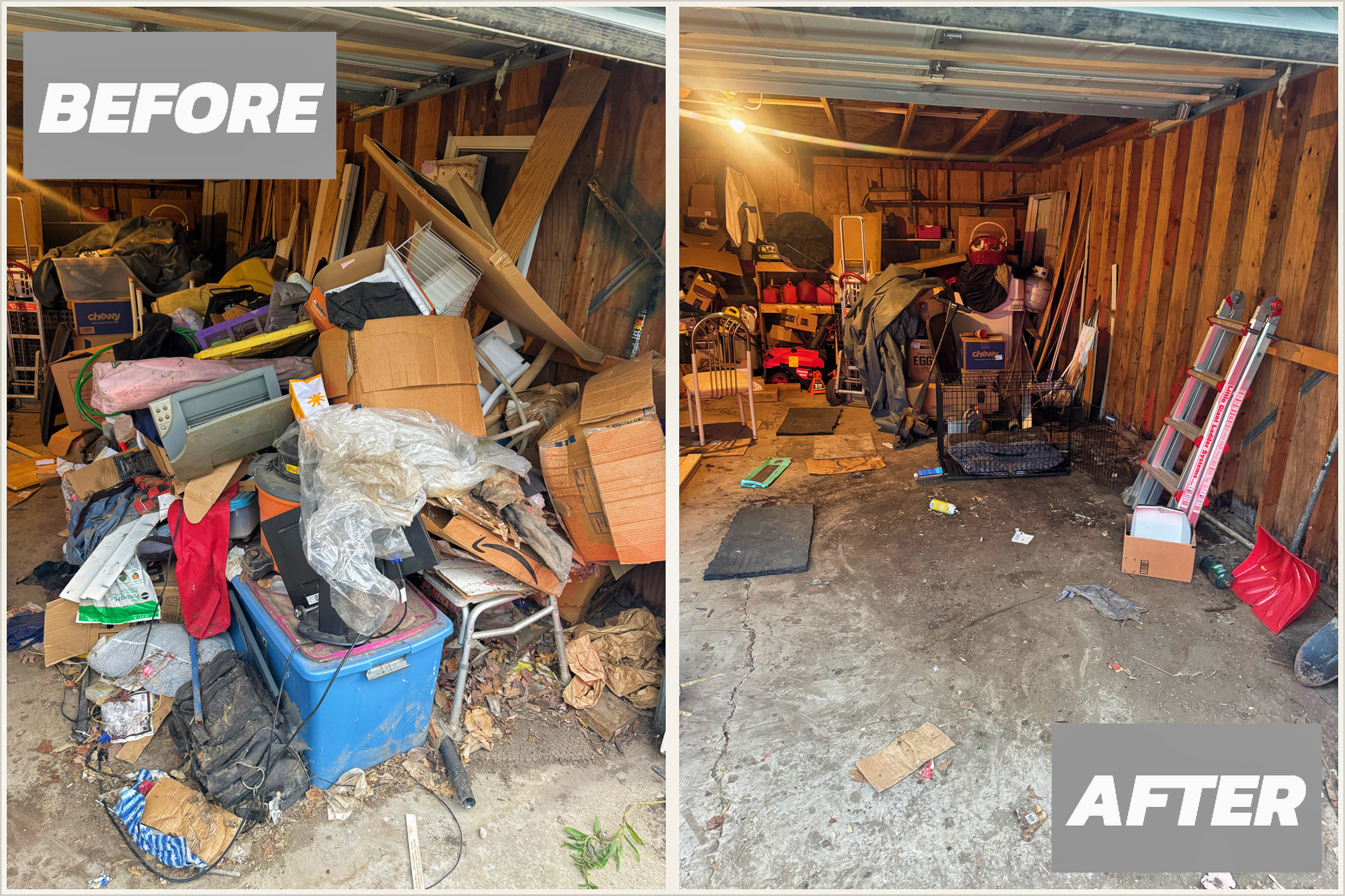 Garage Before and After, piles of junk, trash, and debris removal services.