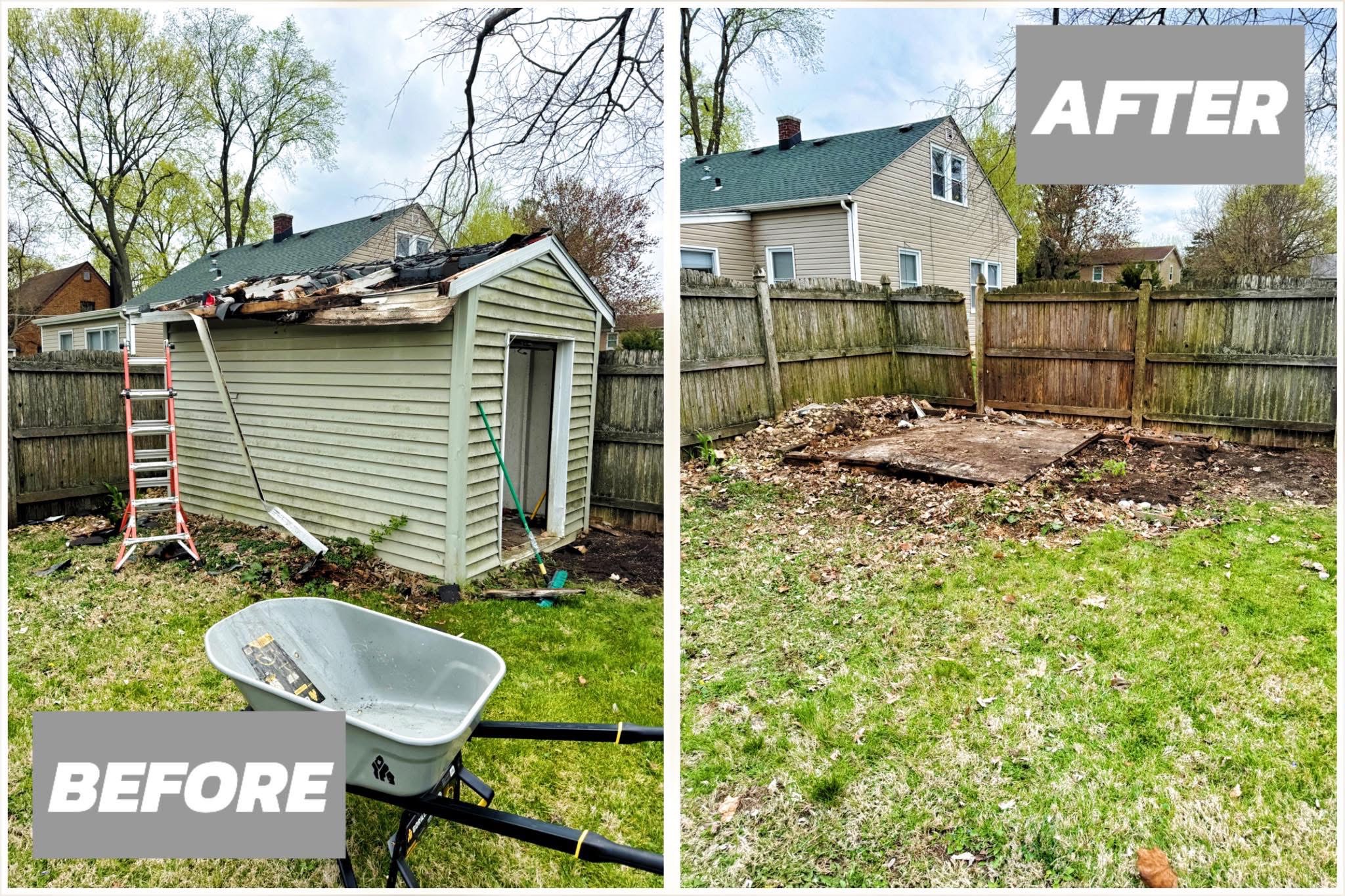 Before and After image of shed demo. BEFORE and AFTER Junk & Dump Services.