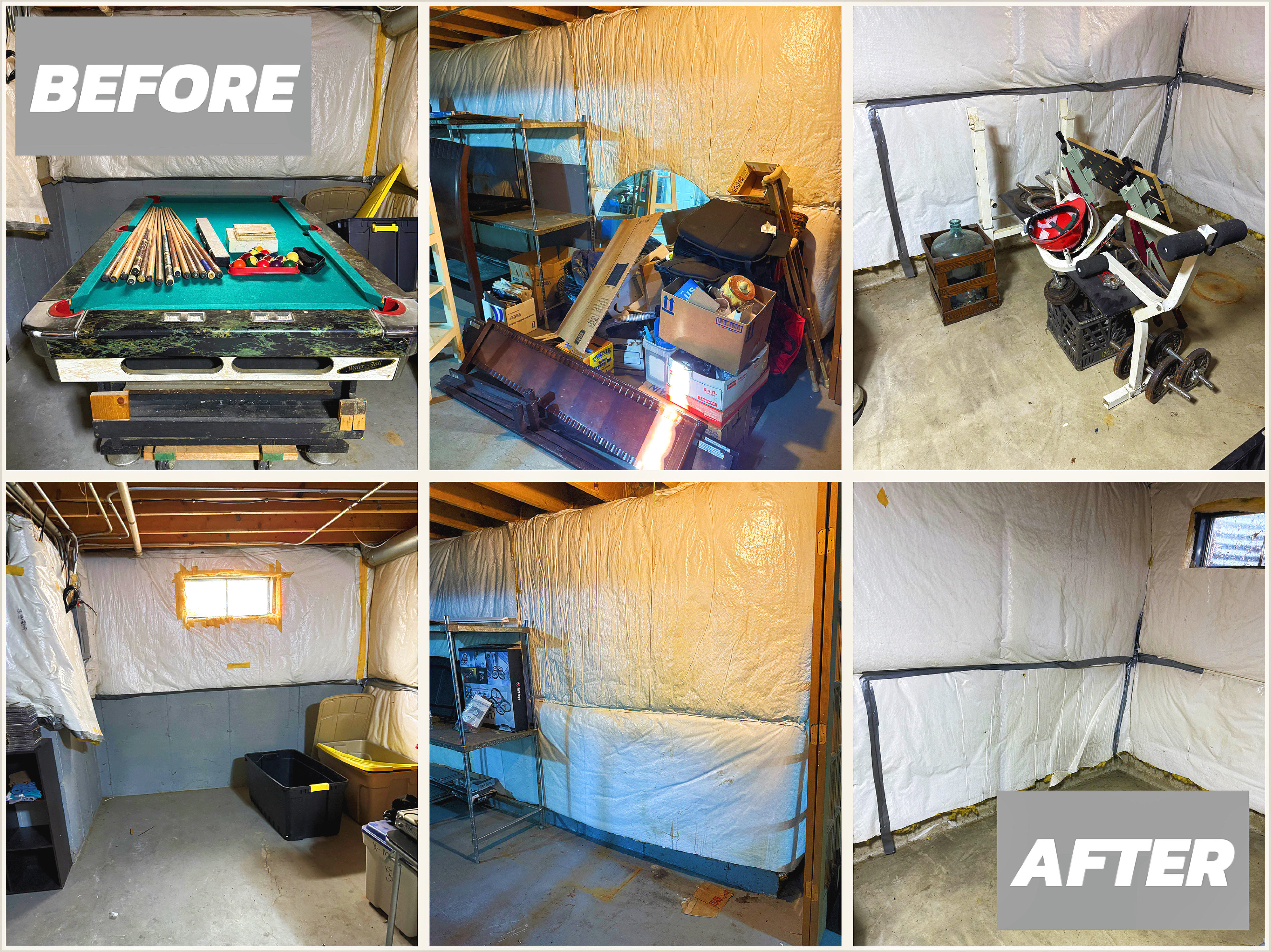 Basement transformation from before to after, with visible text Junk & Dump Services