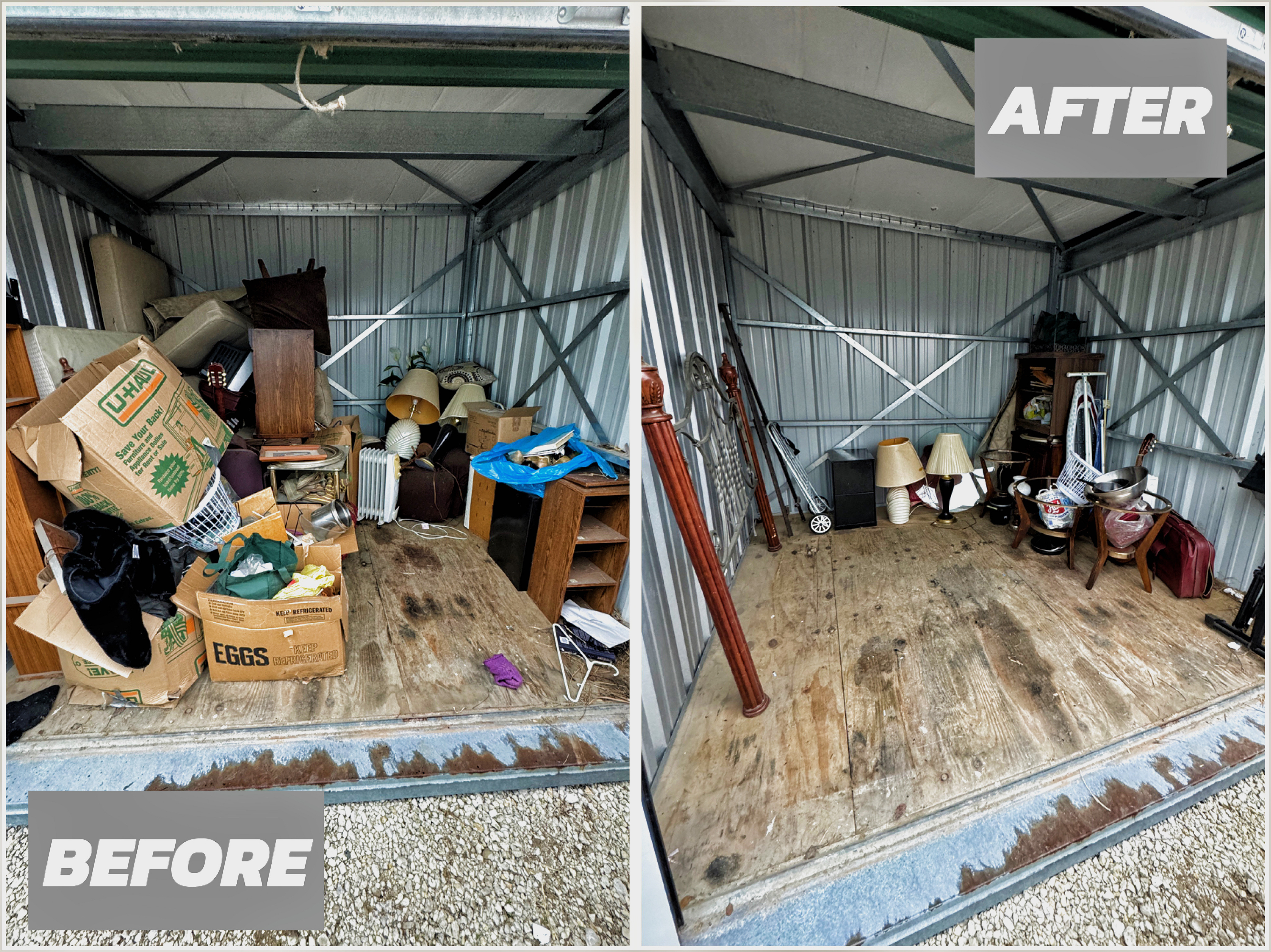 Before and After storage unit junk removal with 'AFTER' and 'BEFORE' text.