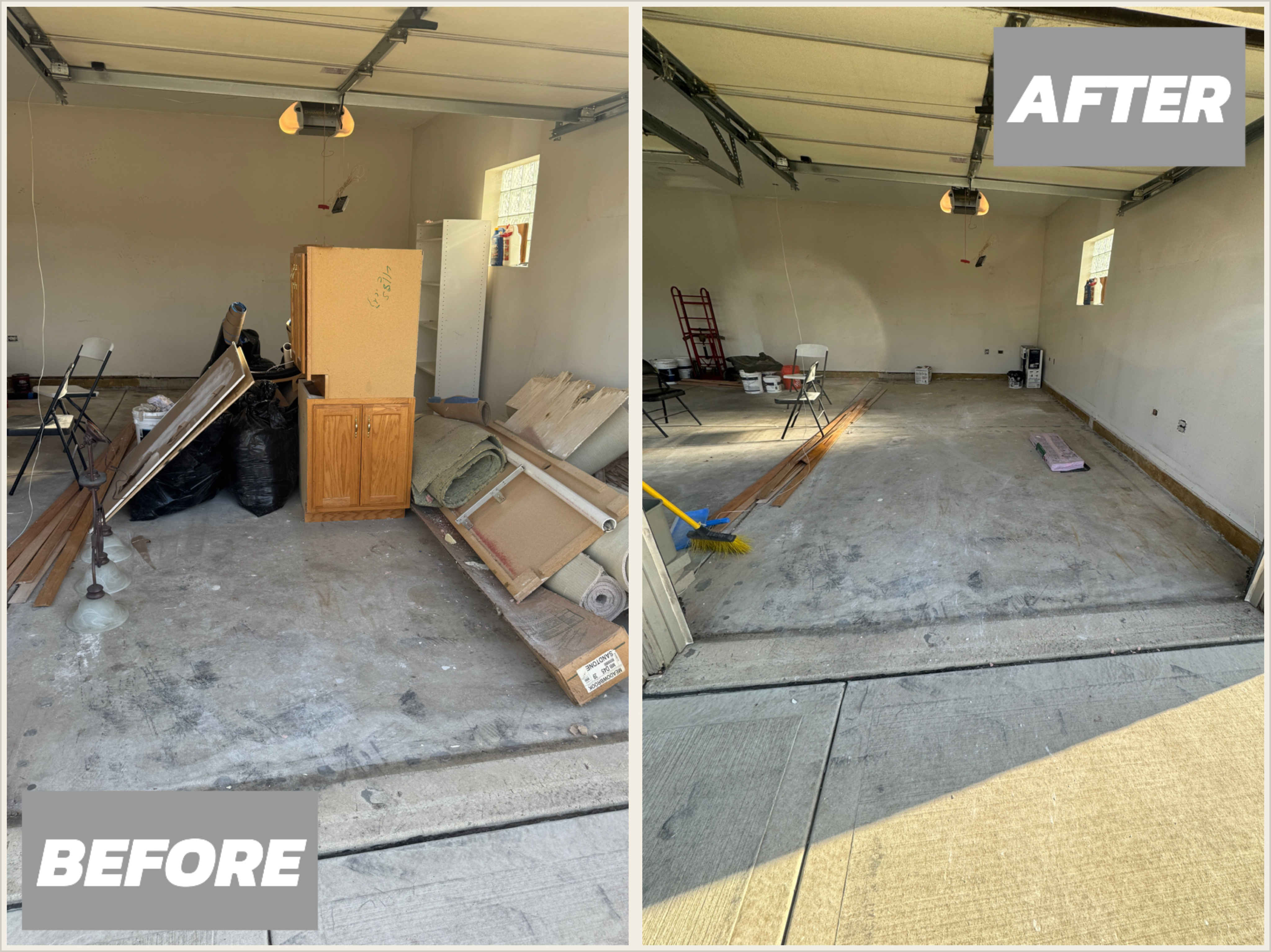Before and after garage cleanout, labeled with text and Junk & Dump Services