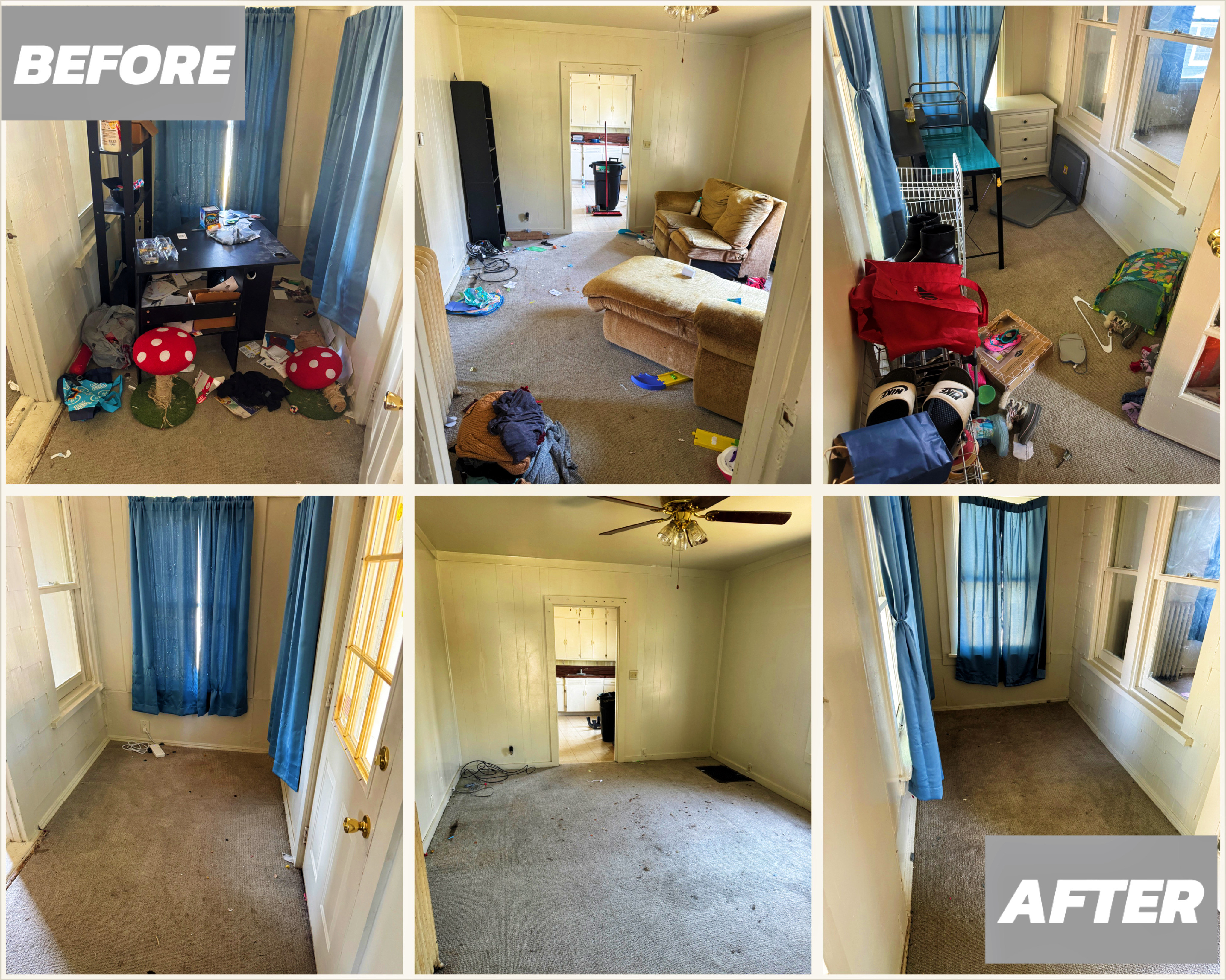 Before and after images of a hoarders house, now empty and clean.