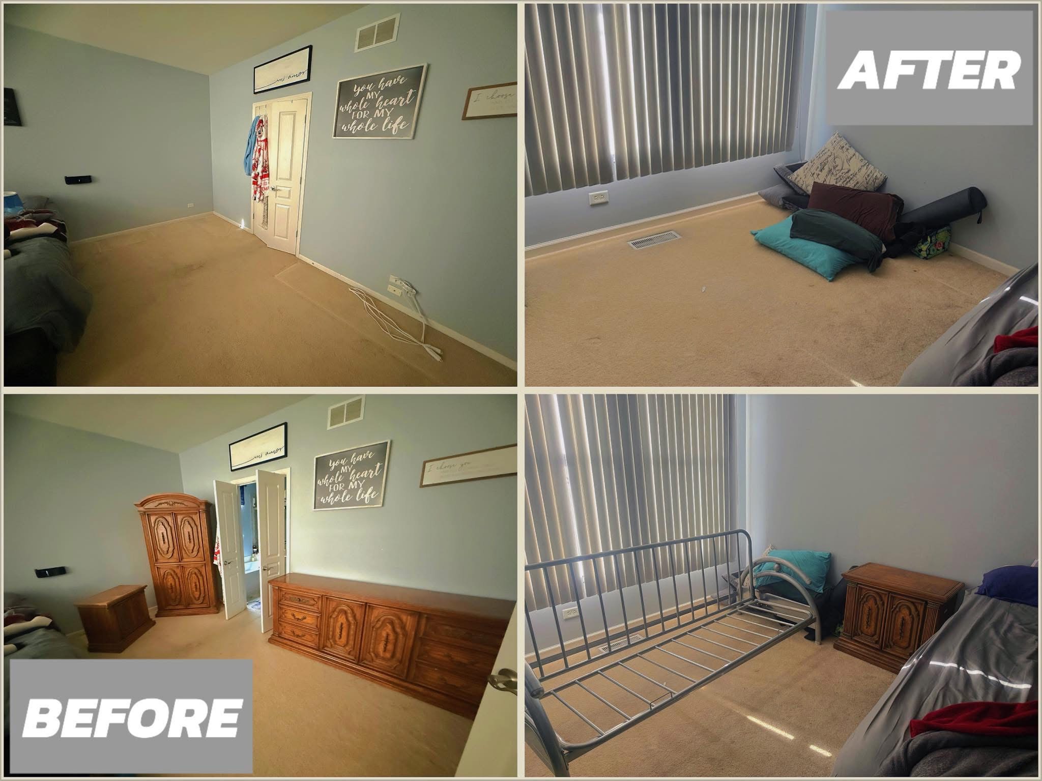 Bedroom before and after cleaning, with furniture, blue walls, and text.