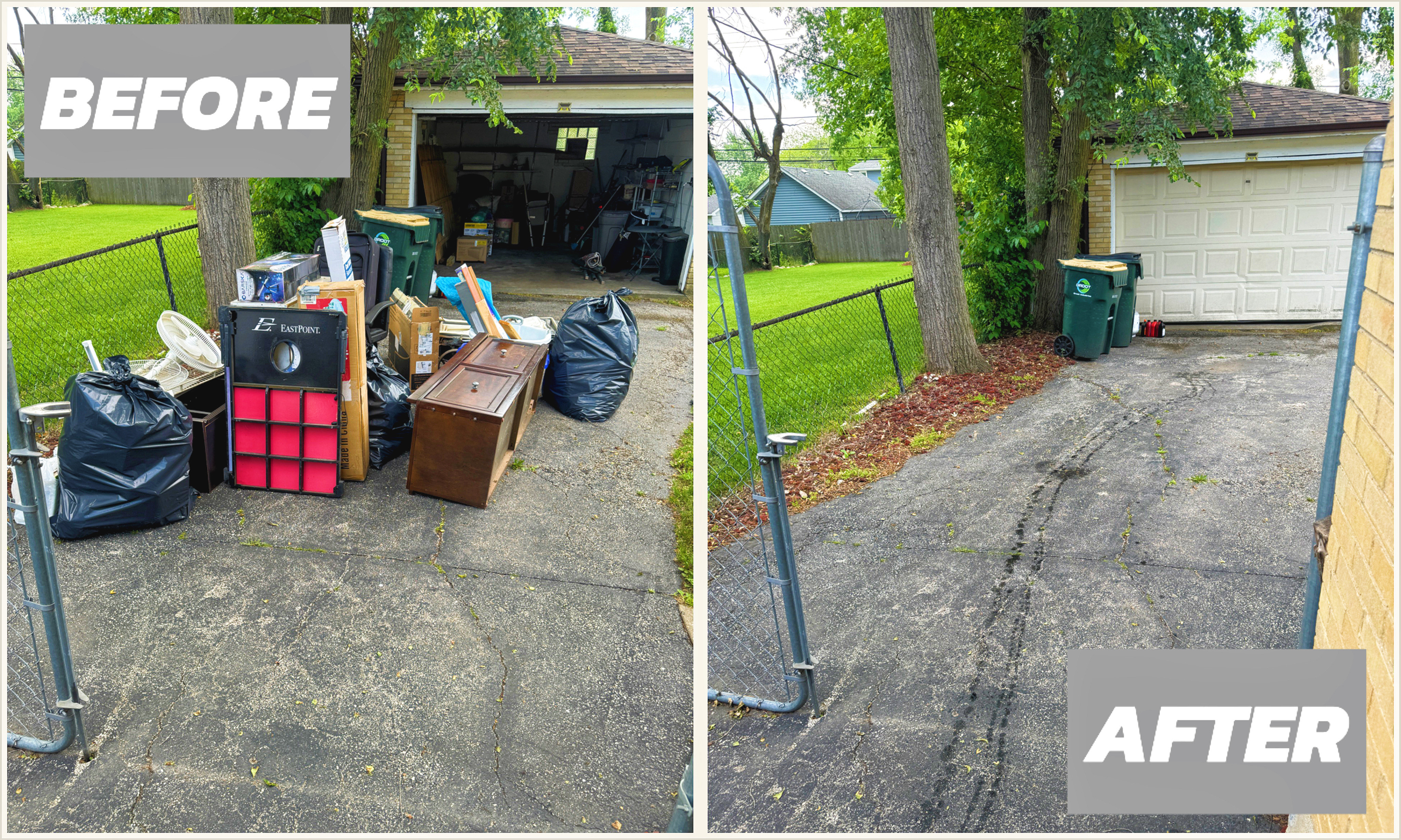 Before and After images of junk removal service with visible text.