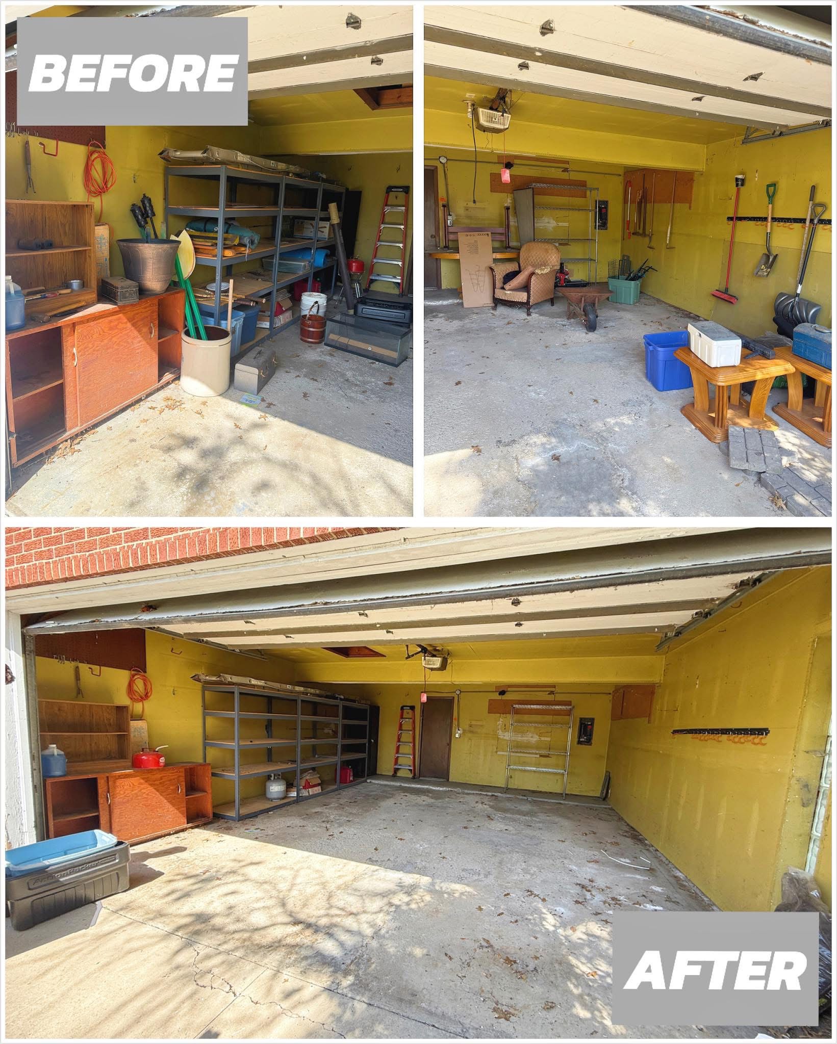 Before and after garage junk removal services with visible text. Junk & Dump Services