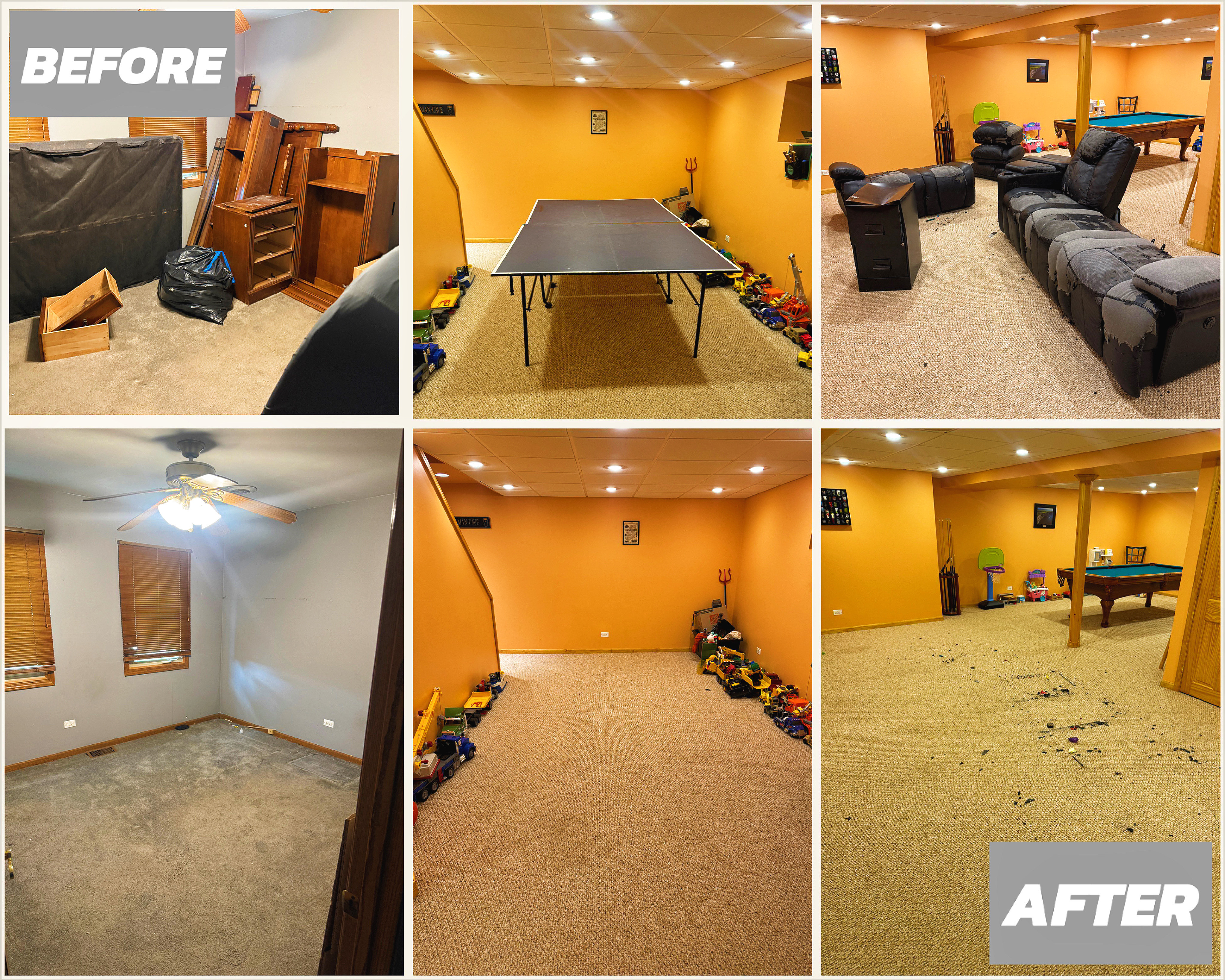 Basement before and after transformation. Showing junk removal and cleaning services.