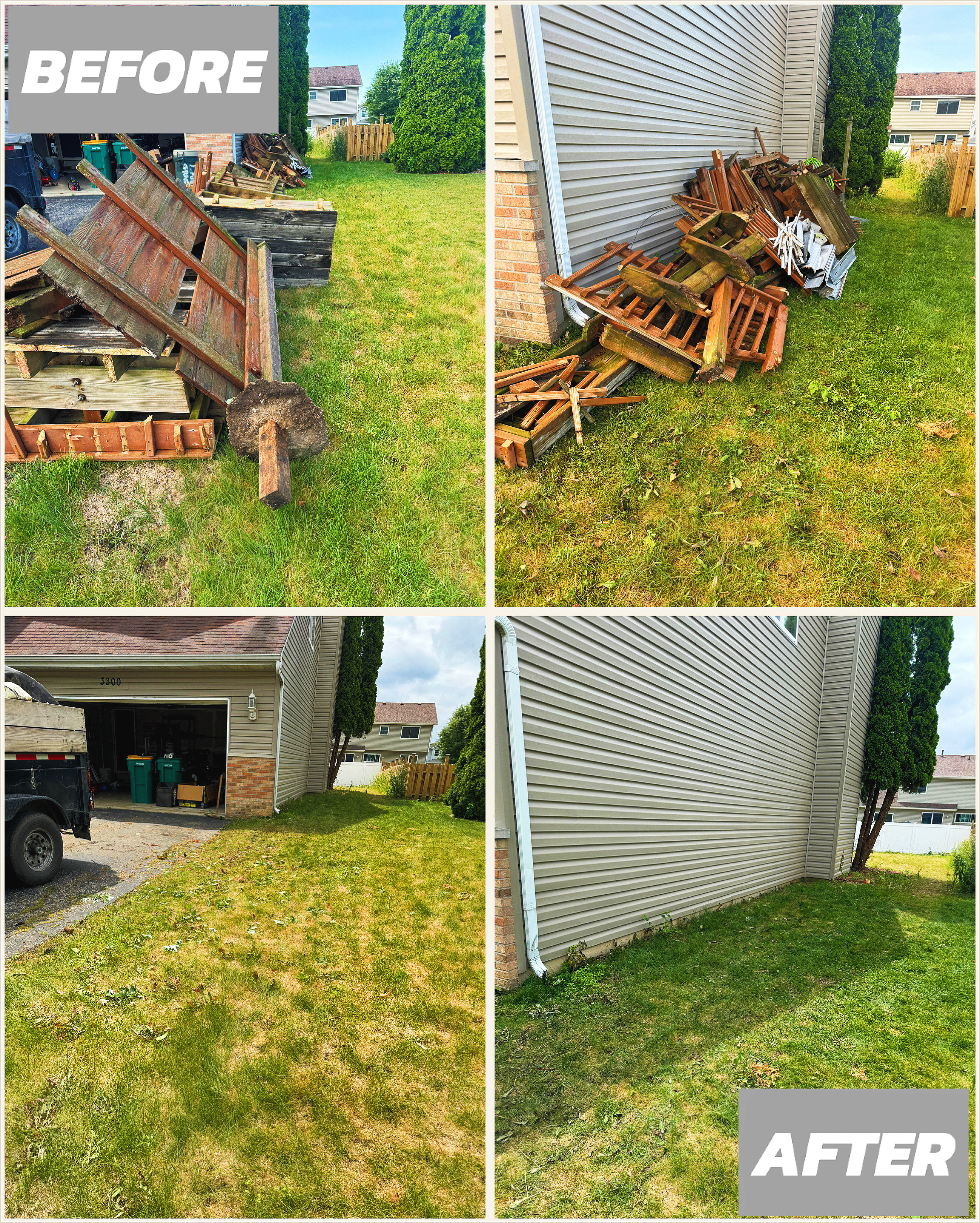 Before and After comparison of Junk & Dump Services removing yard debris.
