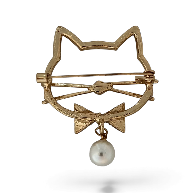 Crystal Diamante Cat Face Brooch with Pearl Charm