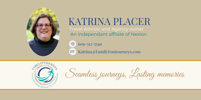 Business card for Katrina Placer, travel advisor; beige and teal design with portrait, contact info, and slogan Seamless journeys, Lasting memories.