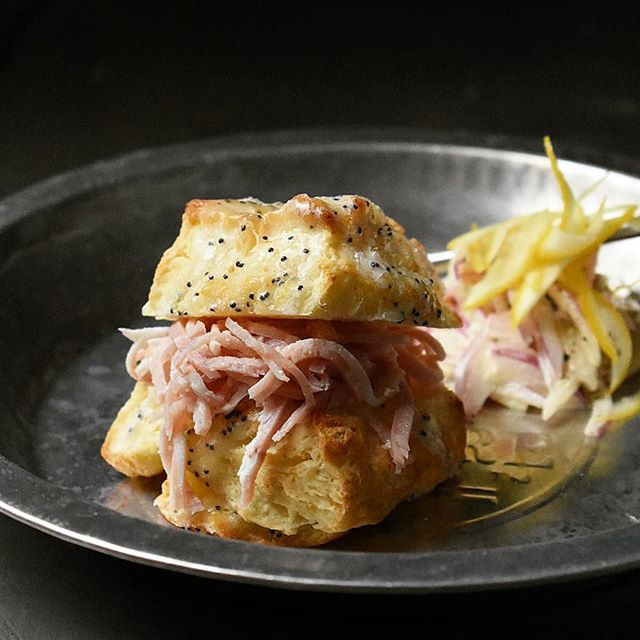 Shredded Ham Sand with lemon poppy seed Biscuit