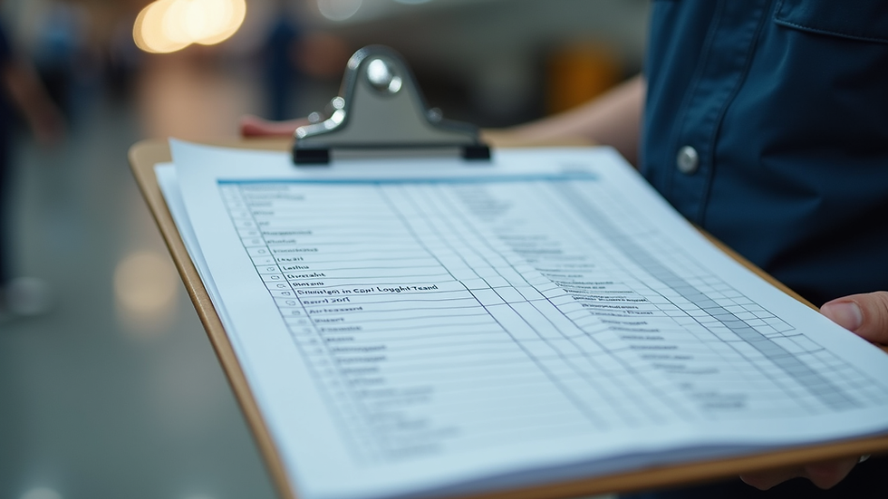 Close-up view of an aircraft maintenance logbook and checklist on a clipboard