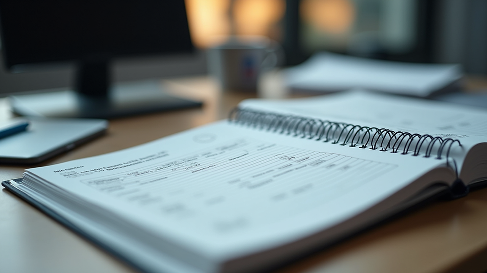 Close-up view of an aircraft logbook and maintenance records on a table