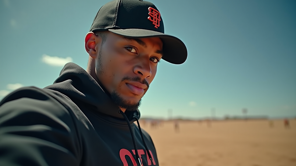Eye-level view of a professional athlete showcasing their brand through merchandise