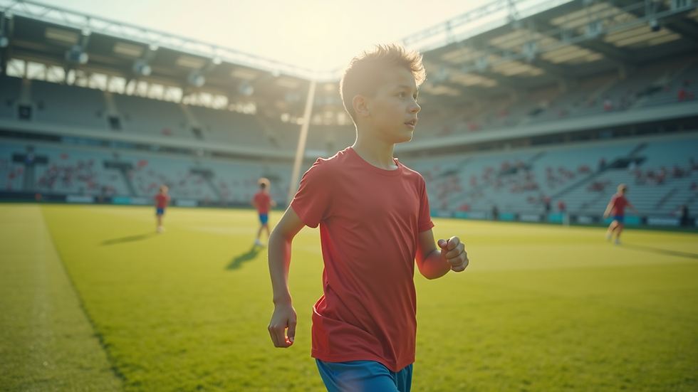 Eye-level view of a young athlete training on a field