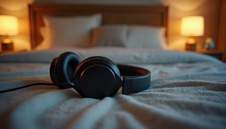 Close-up view of noise-canceling headphones resting on a soft blanket in a dimly lit room
