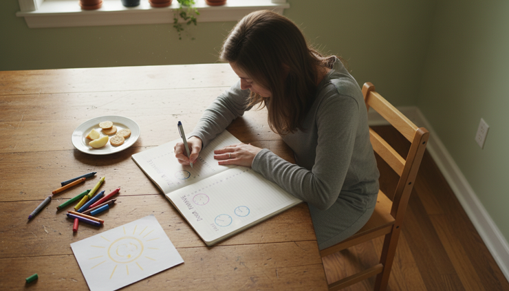 Overhead view of a parent writing a simple family plan at a kitchen table