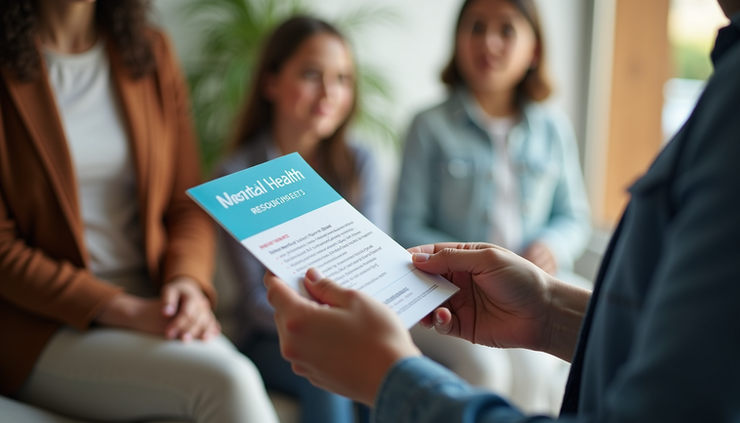 Close-up view of a counselor’s hand holding a brochure about youth mental health resources